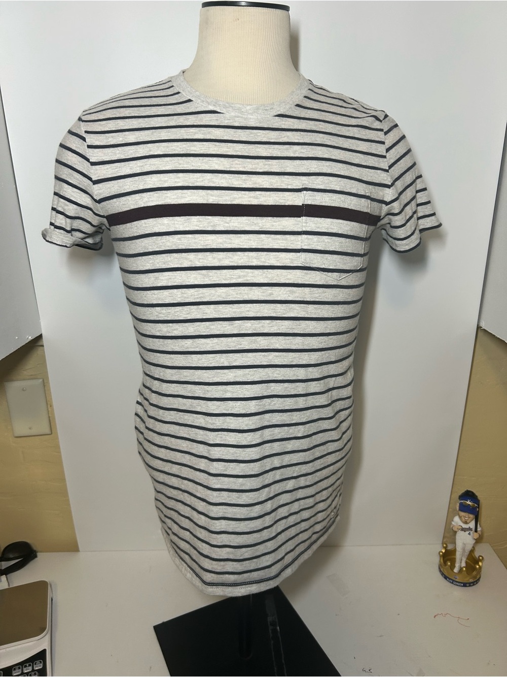 Abercrombie & Fitch Gray and Navy Striped Pocket Tee
